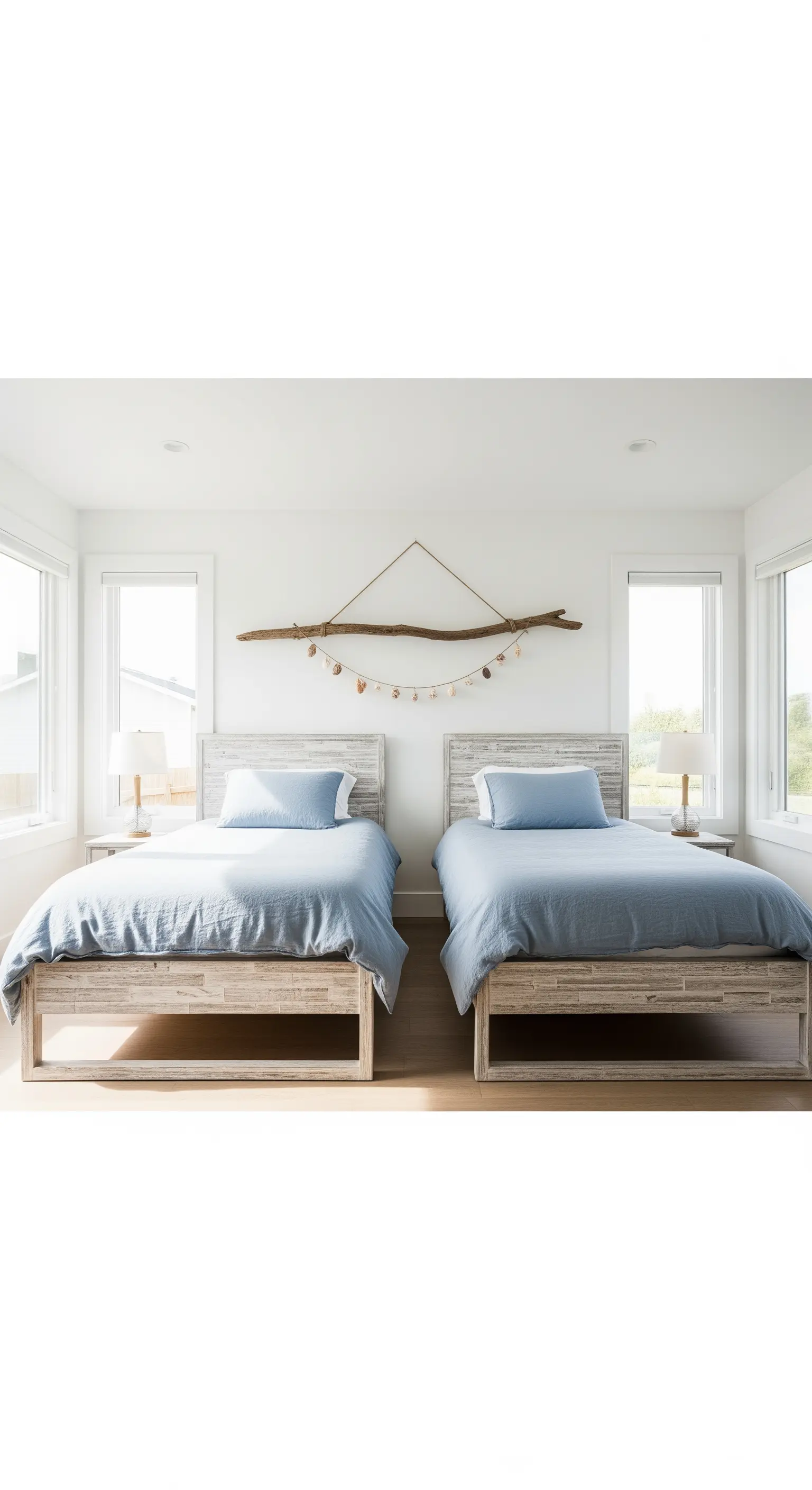 Zwillingsschlafzimmer mit Treibholz-Wanddeko und Muschel-Girlande