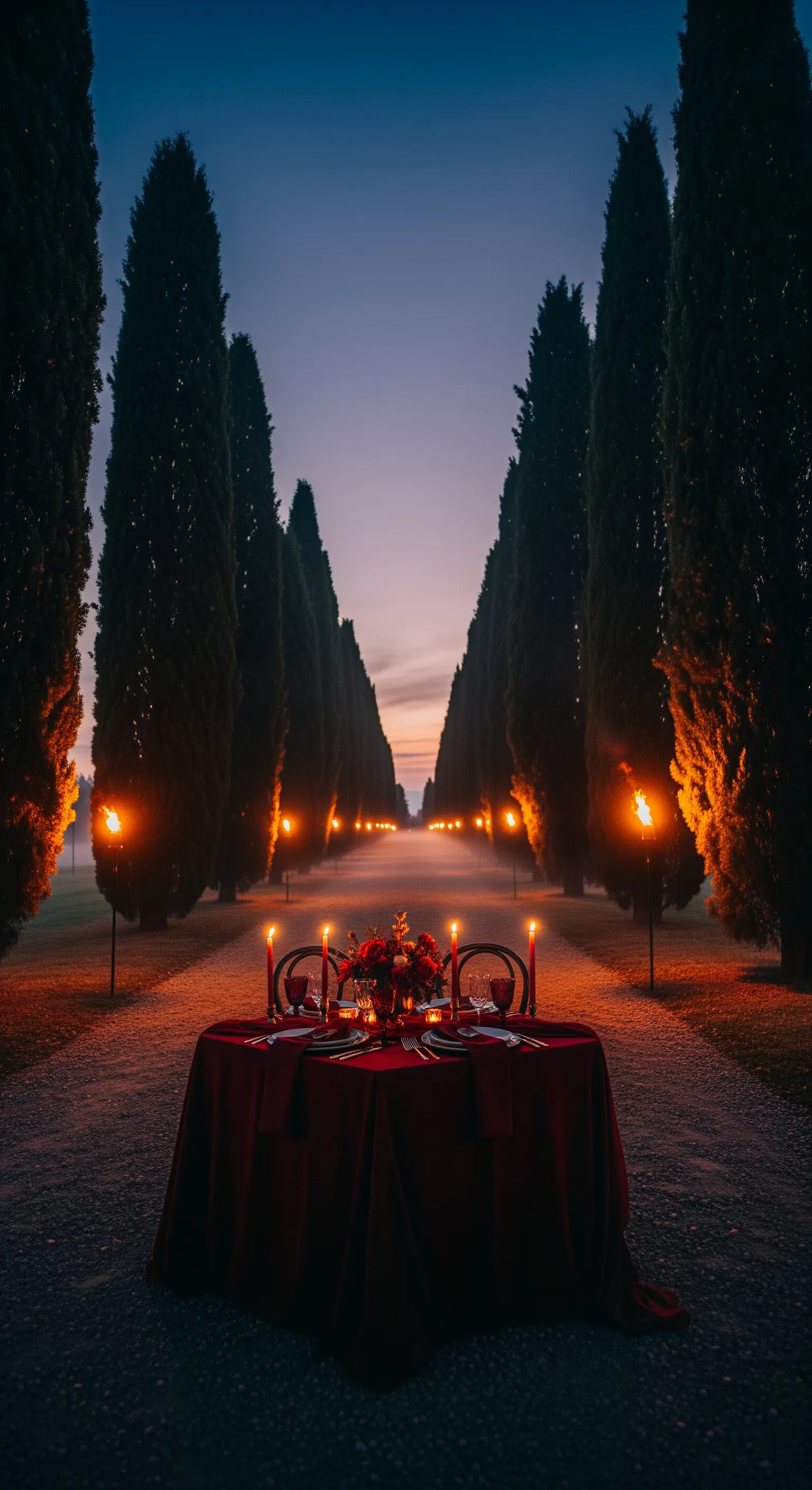 Romantisches Dinner in einer Zypressen-Allee mit Fackeln und roter Dekoration