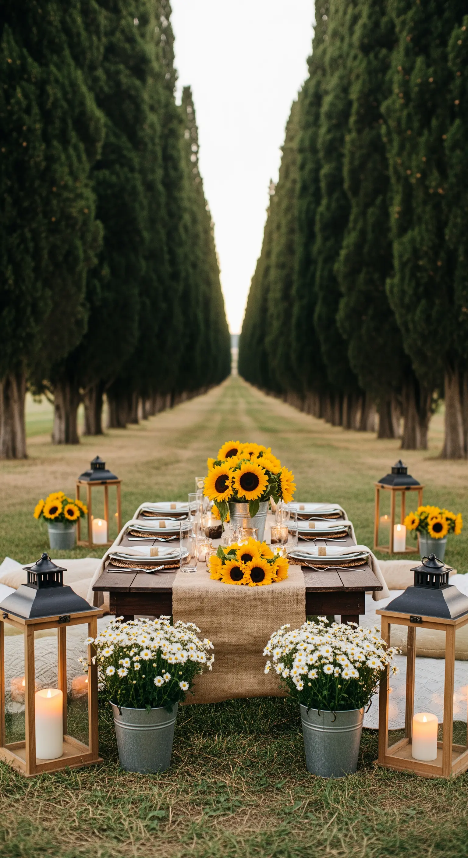 Holztisch in Zypressenallee mit Sonnenblumen, Margeriten und Holzlaternen.