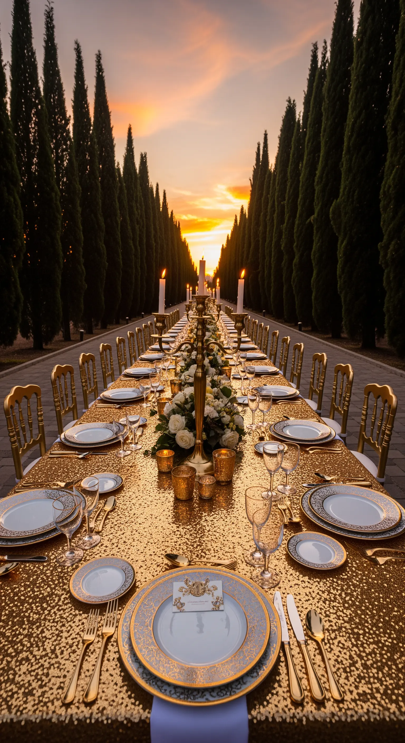 Lange Tafel in Zypressenallee mit goldener Pailletten-Tischdecke, goldenen Stühlen, Kerzen